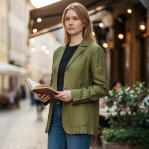 Saks Fifth Avenue Linen Wool Jacket Olive Green Luxury Vintage Office Italian